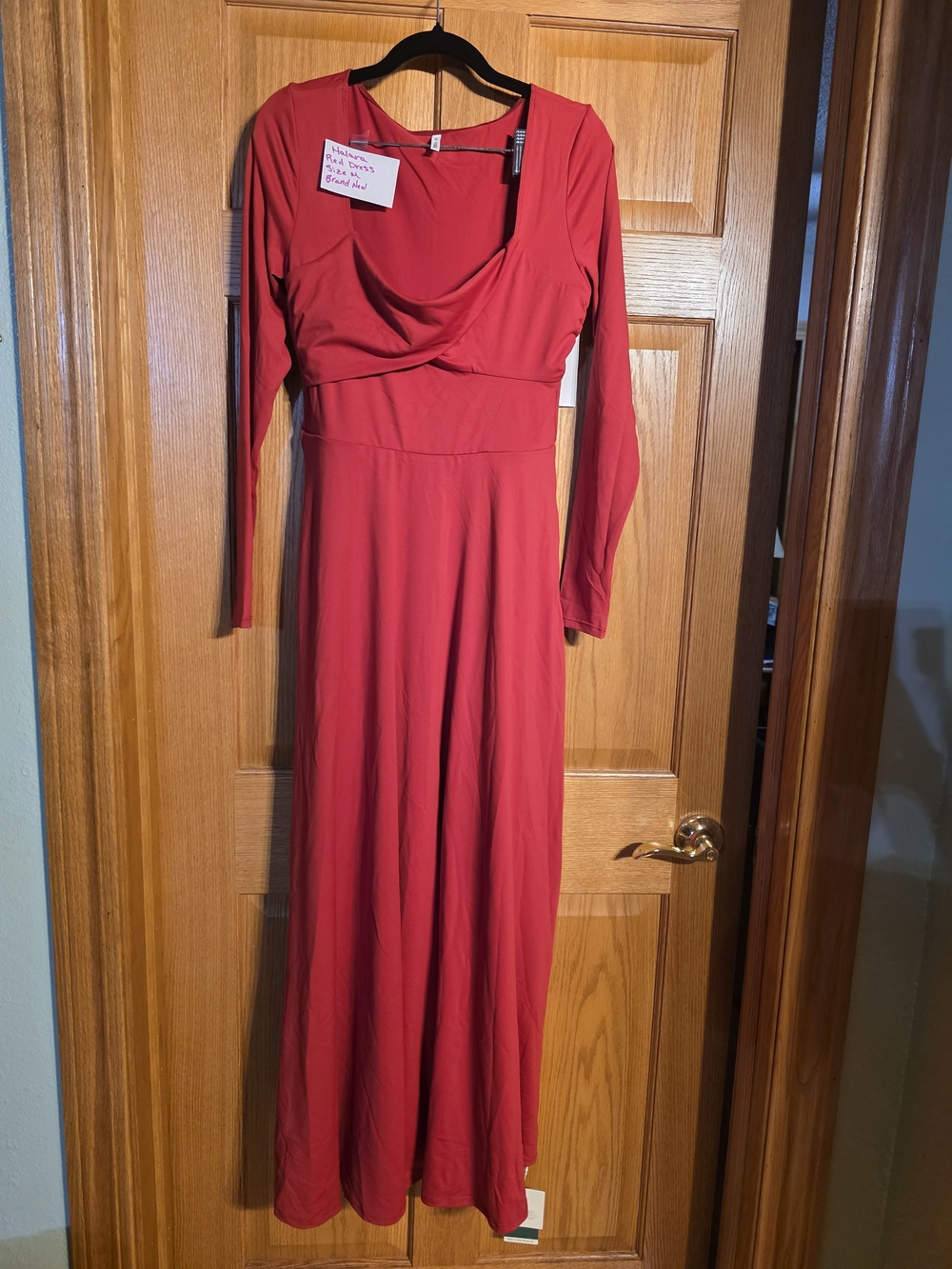 HALARA Red Long Sleeve Maxi Dress with Draped Neckline